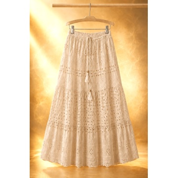 RG9036B–Fustă MIDI bej din bumbac 100% cu broderie ajurată – Boho Elegance 40–46