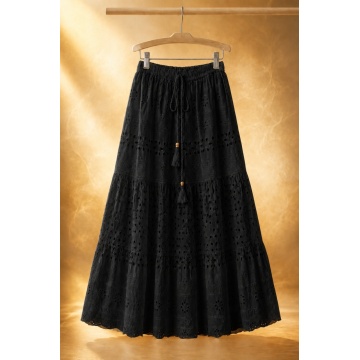 RG9036N–Fustă MIDI neagră din bumbac 100% cu broderie ajurată – Boho Elegance 40–46