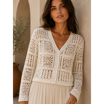 RG9288A–Cardigan scurt croșetat din bumbac 100% alb (S-M)