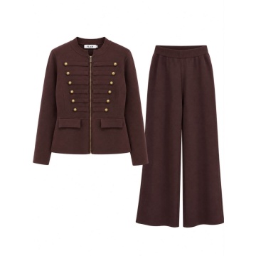 RG93021M Compleu Elegant Maro Milano – Jachetă cu Nasturi Aurii și Pantaloni Palazzo din Tricot Elastic - Img 2