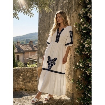 RGD26054 Rochie Boho Soleil cu Broderie Tradițională alba - Img 4