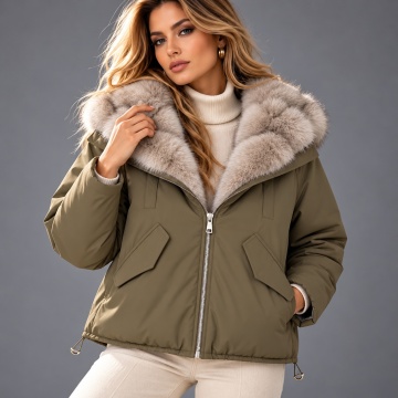 RGHA62001K Jachetă KAKI Winter Chic cu Guler Șal din Blană – Relaxed Fit