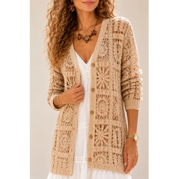 RGR6962 Cardigan Croșetat Bej Natural 100% Bumbac (M–4XL)