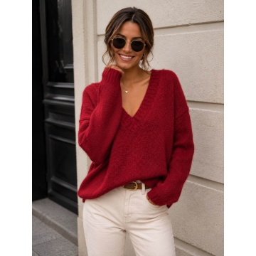 RGWL-08050 Pulover Oversize Bordeaux cu Decolteu în V 42–48 (L–3XL)– Soft Touch - Img 2
