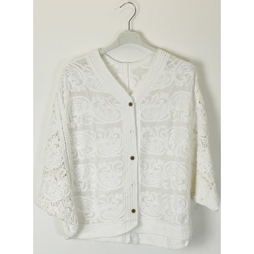 Bluză boho chic oversize din bumbac, cu broderie ajurată – alb RG2005A - Img 2