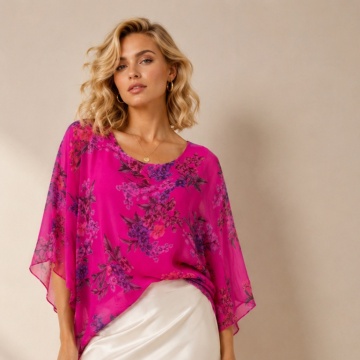 Bluză L-2XL Florală Fuchsia din Mătase și Vâscoză – One Size RG5118AF