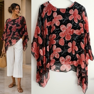 Bluză L-2XL. Florală Noir Coralia din Mătase și Vâscoză RG9072RN