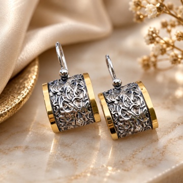 Cercei Brocart din argint 925 și aur 14K – design elegant cu detalii în relief 201201