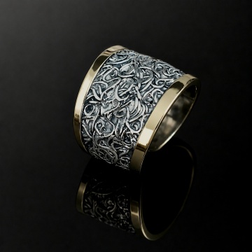 Inel Brocart din argint 925 și aur 14K – model texturat în relief, ușor reglabil 101575 - Img 9