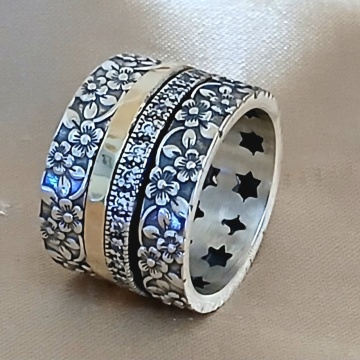 Inel Sylvara din argint 925 și aur 14K – model floral gravat, fără pietre - Img 5