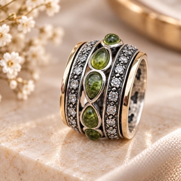 Inel Veridiane din argint 925 și aur 14K – cu peridot natural și detalii sculptate