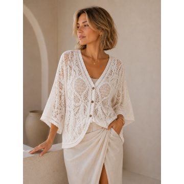 Kimono Boho Ajurat cu Broderie Florală – Crem, 100% Bumbac RG2002A