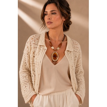 RG 8130 – Cardigan Croșetat Ajurat din Bumbac 100% CREM - Img 1
