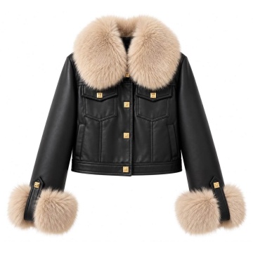 RG202311I–Nume produs Jachetă scurtă Premium Faux Leather & Fur – Noir/Ivory - Img 2