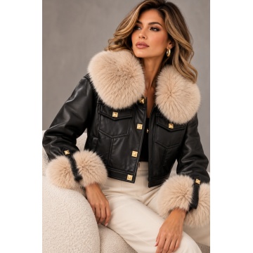 RG202311I–Nume produs Jachetă scurtă Premium Faux Leather & Fur – Noir/Ivory