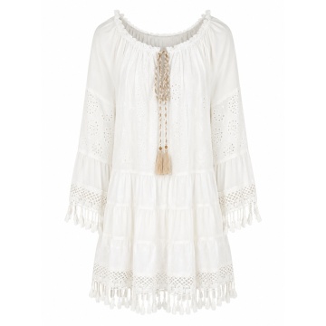 RG2977-9 ALB –Rochie / Tunică scurtă boho din bumbac cu broderie englezească și franjuri – Made in Italy, masura unica 36-44 - Img 2