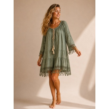 RG2977-9 Verde salvie -Rochie / Tunică scurtă boho din bumbac cu broderie englezească și franjuri – Made in Italy, masura unica 36-44 - Img 3