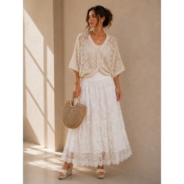RG3116 Fustă lungă boho din dantelă brodată – Alb Ivory | Fabricată în Italia, marime 42-52