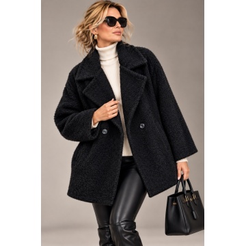RG3319N Palton negru Scurt Bouclé Elegance cu Rever Amplu și Căptușeală Leopard – Made in Italy-L–2XL