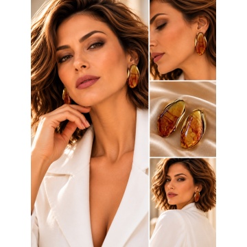 RG500236A Cercei Statement amber din Rășină și Oțel Inoxidabil – Design Sculptural, 3,5 cm