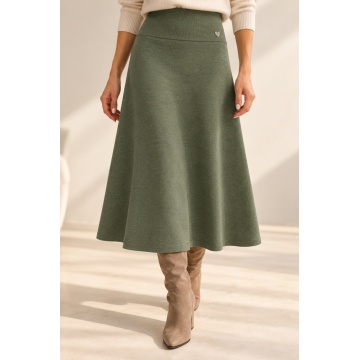 RG5007K–Fustă midi ușor evazată din tricot fin, cu talie elastică – kaki