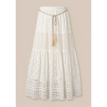 RG5106 Fustă Boho Midi din Dantelă cu Volane, Curea Împletită și Franjuri – Alb | Fabricată în Italia, marime 38-52 - Img 3