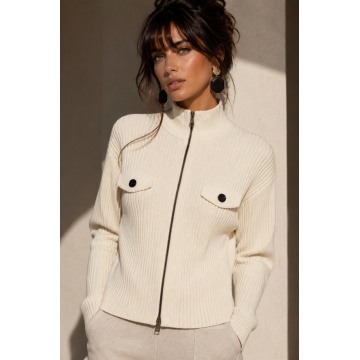 RG5381–Cardigan Tricotat Ribbed Ivory cu Fermoar – Modern Chic