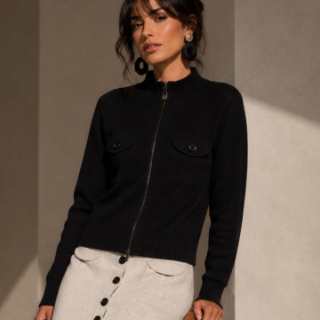 RG5381N–Cardigan Tricotat Ribbed Noir cu Fermoar – Modern Chic