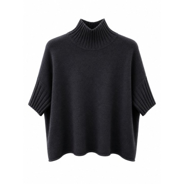 RG5524N–Pulover Negru Oversize cu Guler Înalt și Mâneci Scurte – Soft Knit - Img 2