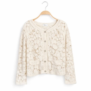 RG6025 – Cardigan Scurt Croșetat Ajurat Floral – Bumbac 100% crem - Img 2