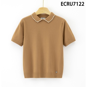 RG7122G Bluză Camel tricotată fin cu guler decorat cu microperle – Eleganță discretă - Img 4