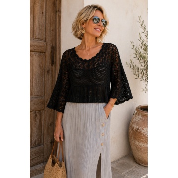 RG8077-1 negru Bluză boho croșetată din bumbac 100% – Dantelă ajurată