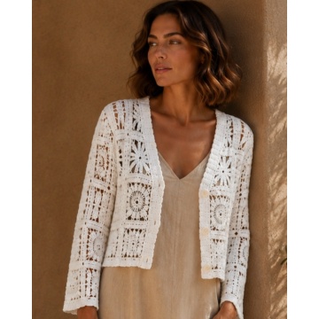 RG9288A–Cardigan scurt croșetat din bumbac 100% alb (S-M)