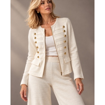 RG93021I Compleu Elegant Ivory Milano – Jachetă cu Nasturi Aurii și Pantaloni Palazzo din Tricot Elastic - Img 2