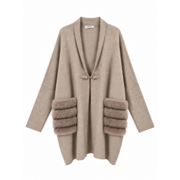 RG93032T-Cardigan Taupe Oversize Cocon cu Buzunare din Blană – Bijoux - Img 2