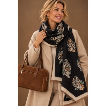 RGEC0850017 Eșarfă Paisley Chic – Negru & Bej – Vâscoză & Bumbac, 69 × 190 cm