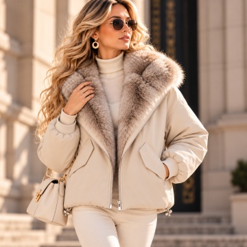 RGHA62001B Jachetă Winter Chic cu Guler Șal din Blană – Relaxed Fit Bej