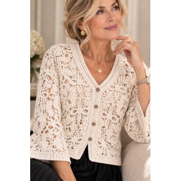RGJ608–Cardigan croșetat din bumbac 100% cu nasturi – Floral Elegance (M–L)