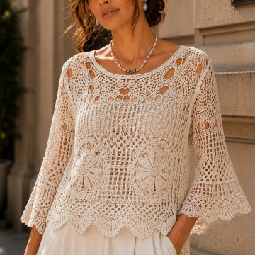 RGL202 – Bluză EU 40–46 (L–2XL) Openwork din Bumbac cu Mâneci Evazate – Stil Elegant Feminine– Bumbac 100%