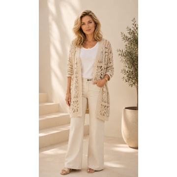 RGR6962 Cardigan Croșetat Bej Natural 100% Bumbac (M–4XL) - Img 3