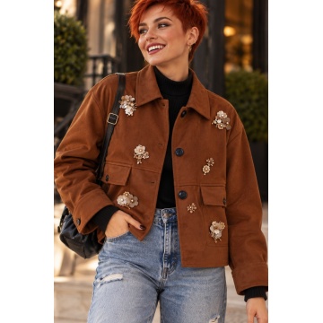 RGU79506– Jachetă damă din vâscoză cu aspect catifelat și aplicații florale 3D – Cognac