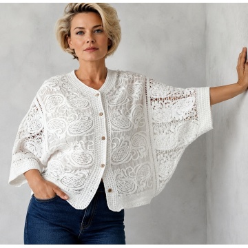 Bluză boho chic oversize din bumbac, cu broderie ajurată – alb RG2005A - Img 3