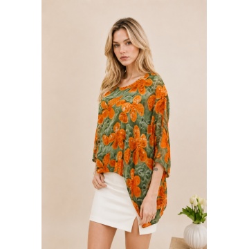 Bluză L-2XL Florală Khaki Orange din Mătase și Vâscoză – One Size RG9072RK - Img 3