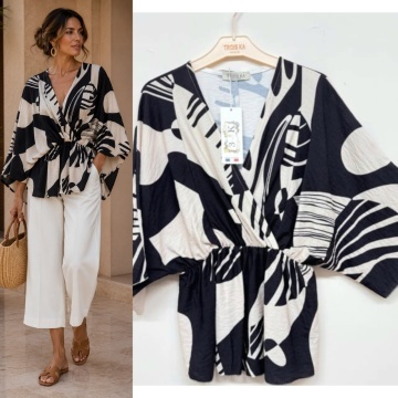 Bluză Petrecută cu Imprimeu Abstract Alb-Negru Made in France RG21795-3