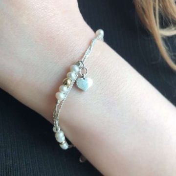 Brățară din Argint cu Perle, Accente Goldfilled și Charm Inimă B397 - Img 2