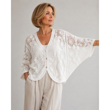 Cardigan alb Boho din Croșetat Ajurat – Crem, 100% Bumbac 38–46 (S–XXL) RG2001A