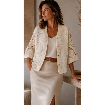 Cardigan Boho Oversize cu Nasturi și Broderie Ajurată – Crem RG2005C - Img 4
