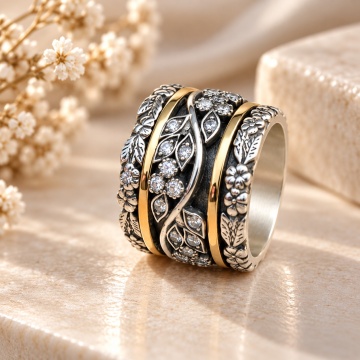 Inel argint 925 și aur 14K – Althéa | Design floral cu zirconii elegante