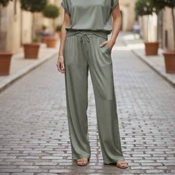 Pantaloni damă Satin Silk & Viscose kaki – Made in Italy RG3808 - Img 4