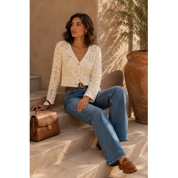 RG1040 – Cardigan din bumbac 100% cu broderie reliefată și nasturi aurii – Ivory - Img 3
